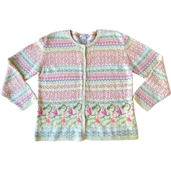 Jillian Jones Floral Cottagecore Grannycore Knit Cardigan Yellow Pink Medium - Picture 1 of 11